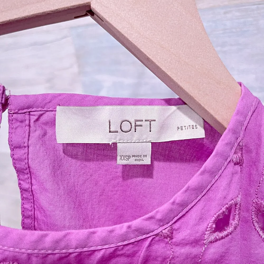 LOFT Eyelet Puff Sleeve Top Purple Cotton Poplin Casual Womens XXS Petite XXSP
